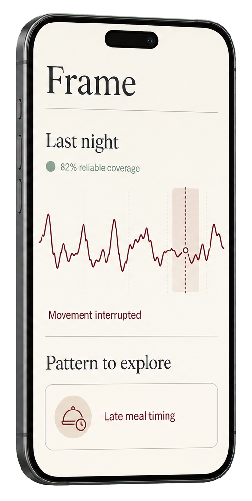 Frame companion app showing reliable overnight coverage, an interrupted period, and a pattern to explore